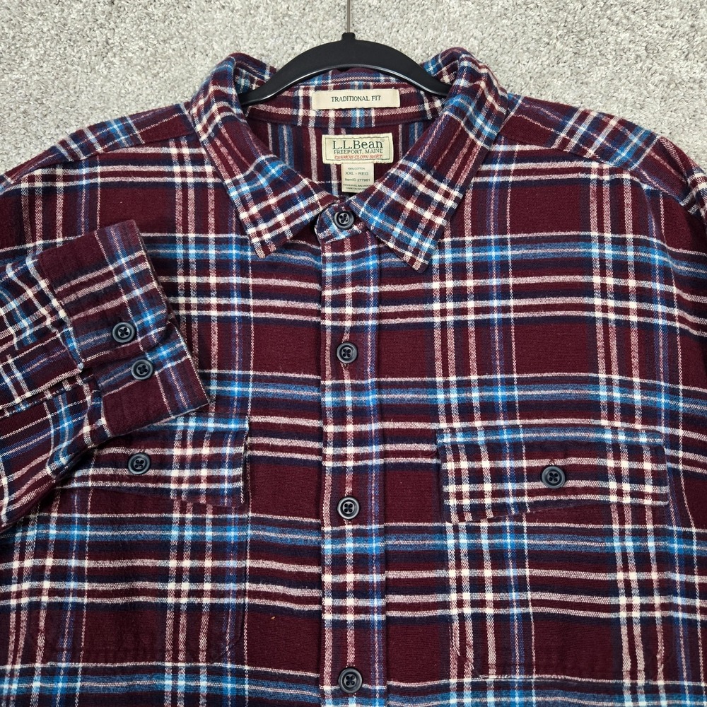LL Bean Chamois flannel Shirt Mens 2XL maroon blue Plaid Traditional Fit vintage